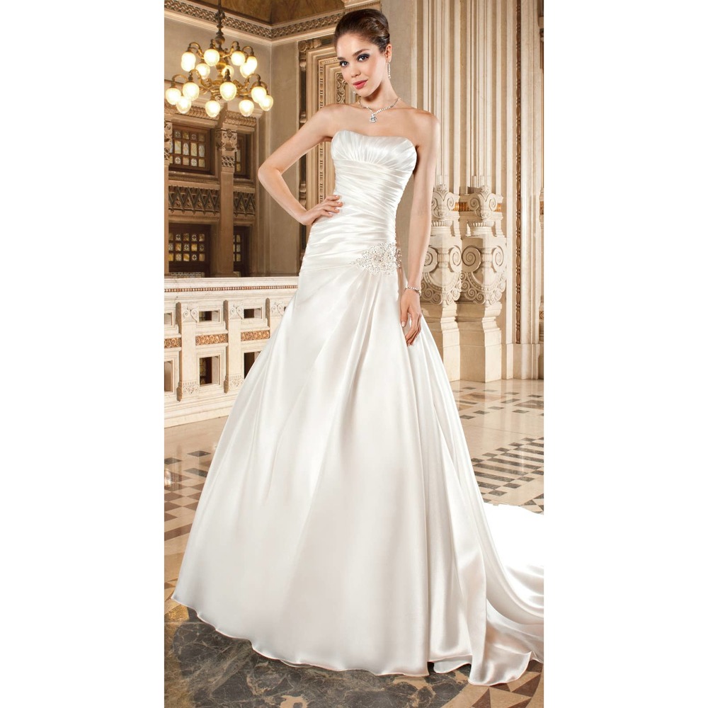Strapless White Satin Wedding Dress with Ruched Bodice